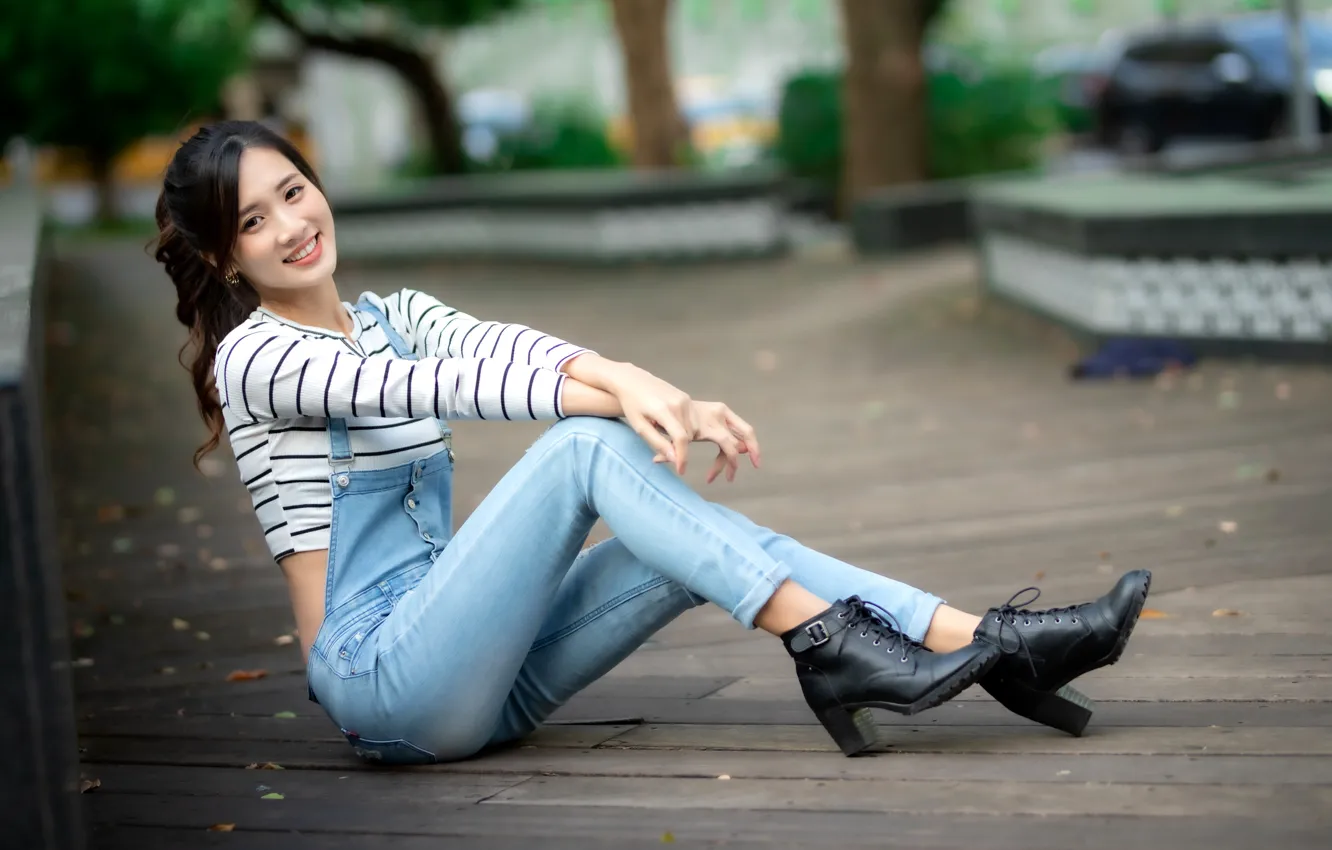 Photo wallpaper look, pose, model, portrait, jeans, makeup, Mike, figure