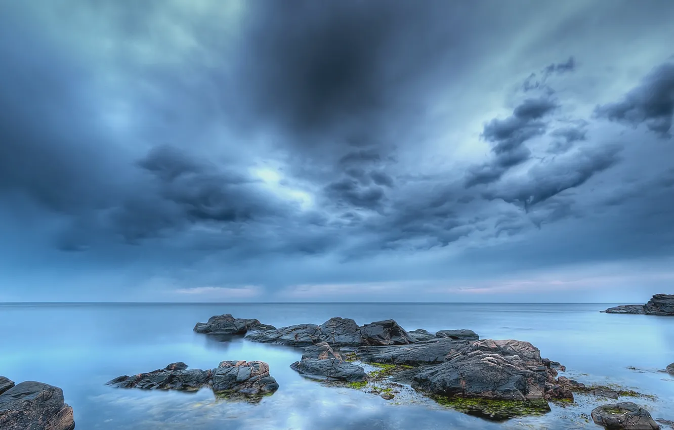 Photo wallpaper sea, beach, the sky, clouds, stones, blue, the evening, Sweden