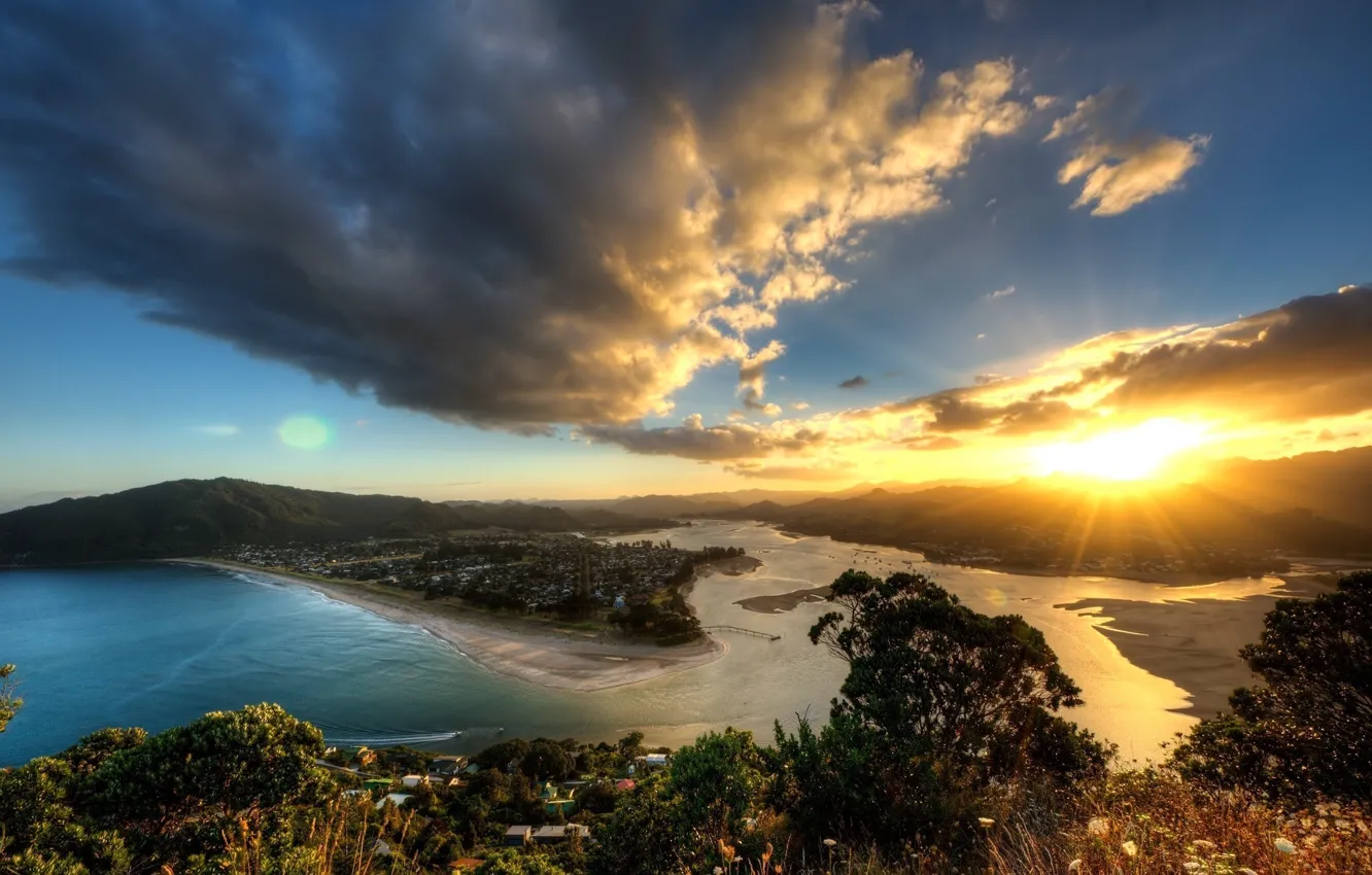 Photo wallpaper the sky, water, the sun, clouds, landscape, sunset, mountains, nature