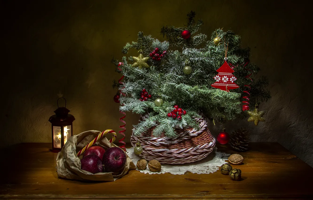 Photo wallpaper decoration, branches, holiday, basket, apples, toys, new year, Christmas
