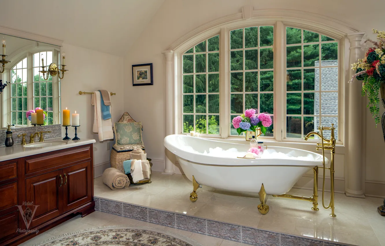 Photo wallpaper flowers, design, furniture, towel, candles, window, bath, bathroom