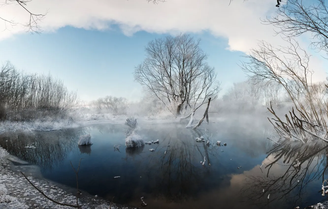 Photo wallpaper winter, nature, fog, lake