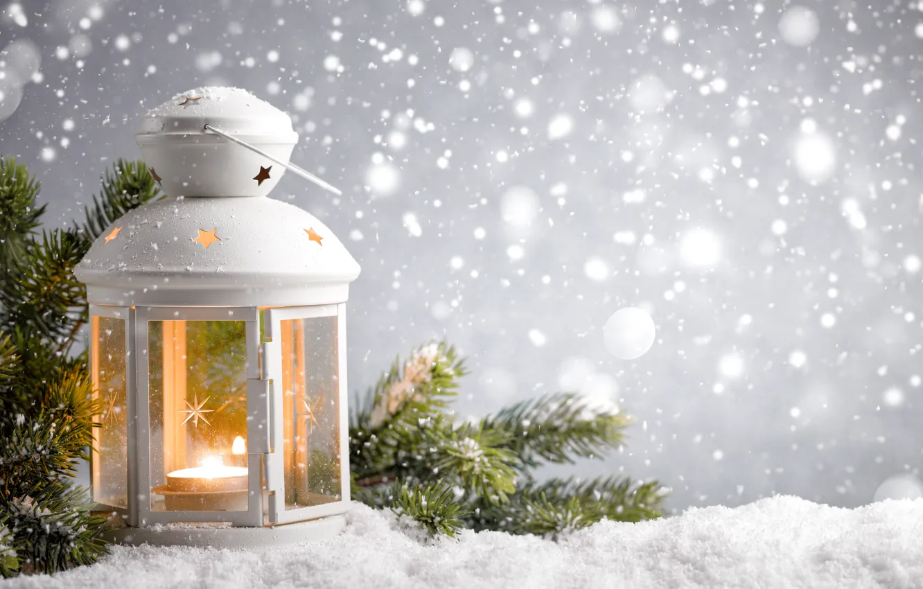 Photo wallpaper Nature, Winter, Candles, Snow, Branches, Lantern