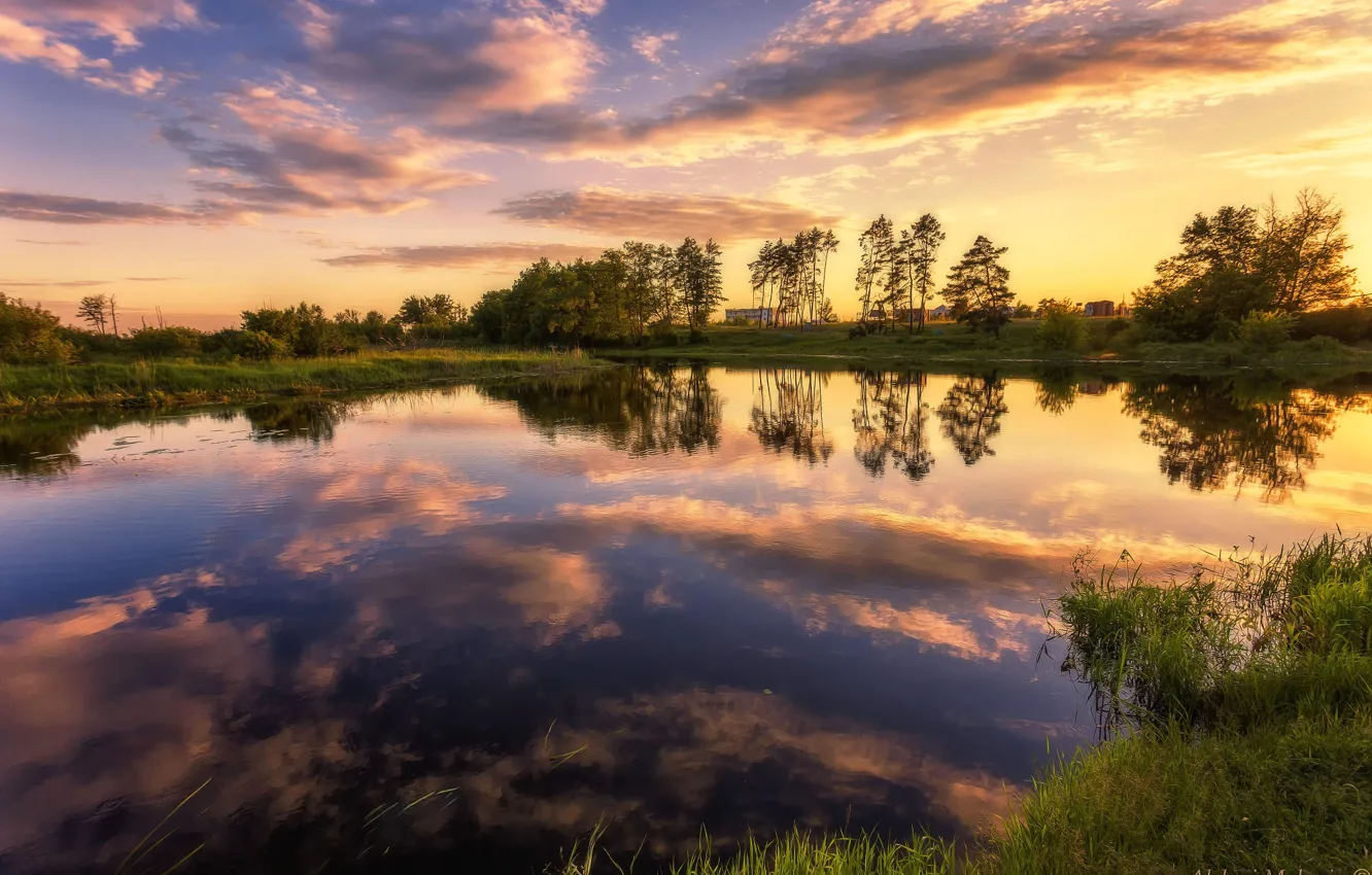 Photo wallpaper summer, trees, sunset, nature, reflection, river, Alexey Malygin