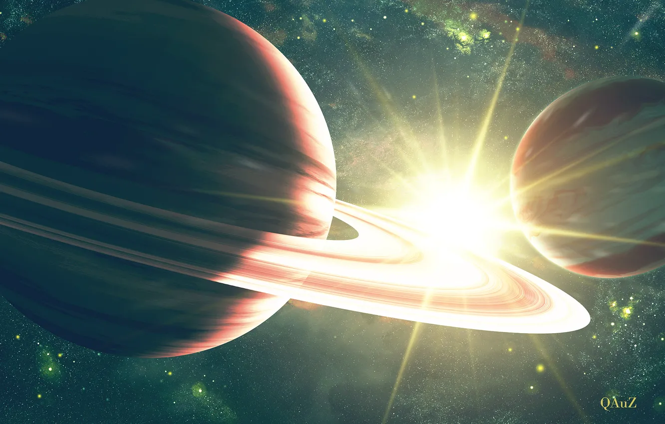 Photo wallpaper space, stars, bright, planet, ring, art, QAuZ