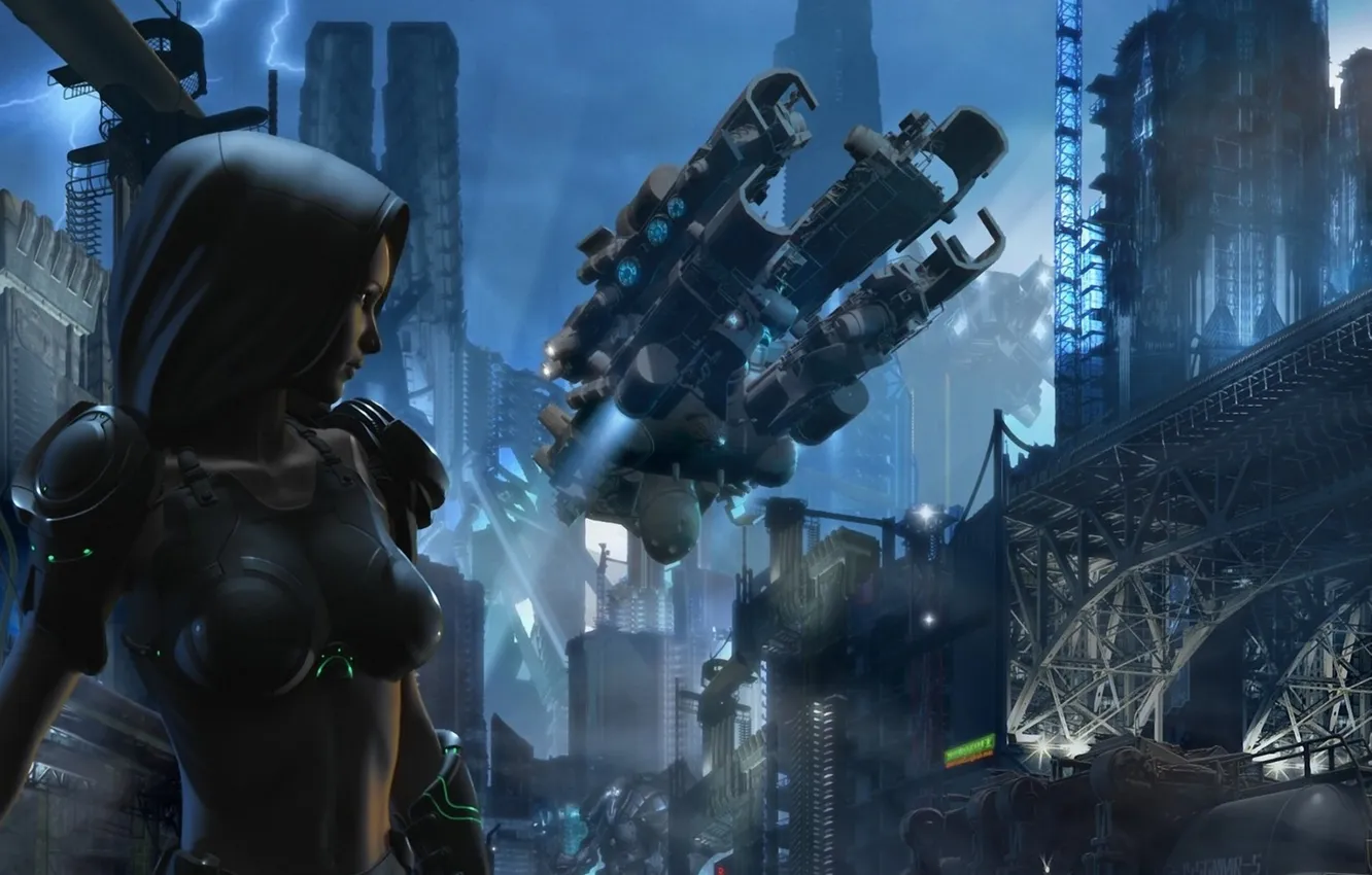 Photo wallpaper girl, night, the city, transport, ship, art, hood