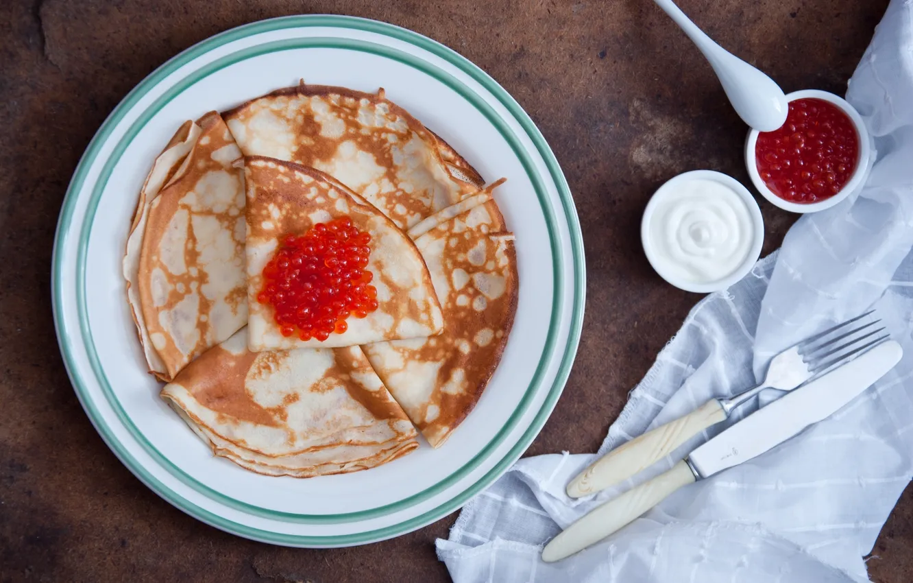 Photo wallpaper knife, plug, pancakes, caviar, sour cream