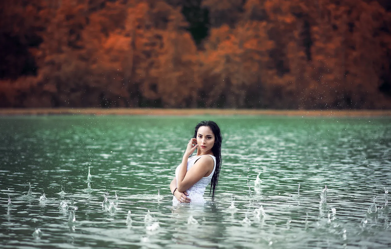 Photo wallpaper lake, rain, Girl, girl