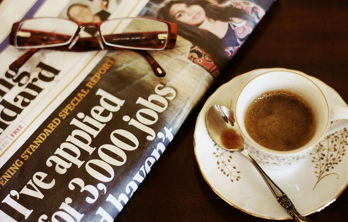 Photo wallpaper photo, coffee, glasses, spoon, Cup, newspaper, saucer