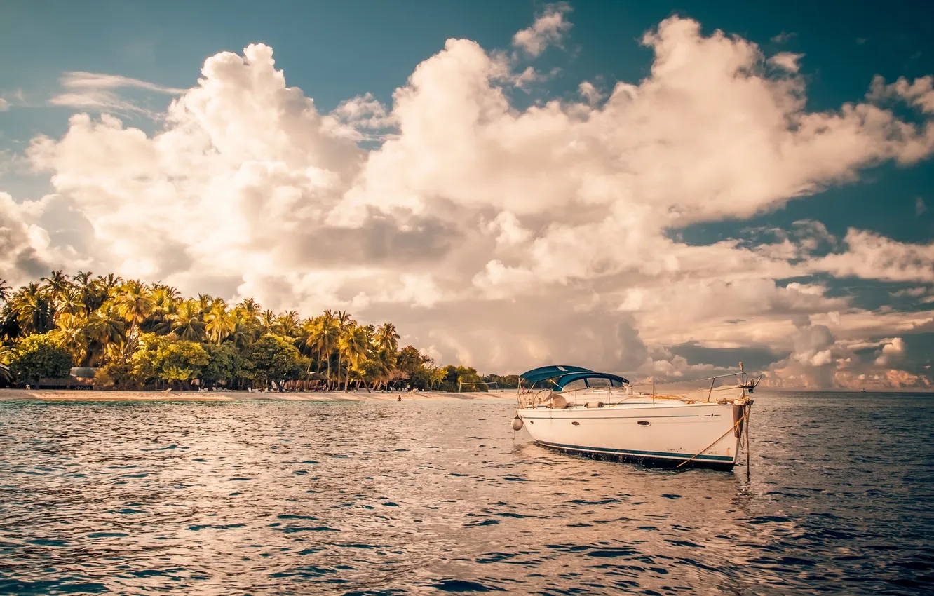 Photo wallpaper beach, the sky, the sun, clouds, sailboat, Bay, coconut trees