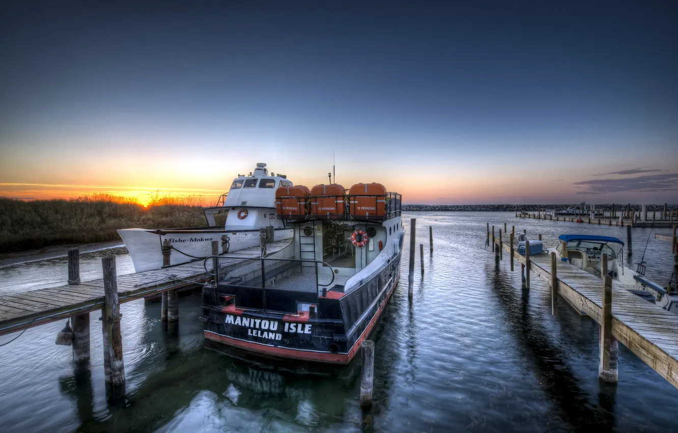 Photo wallpaper sunset, lake, boat