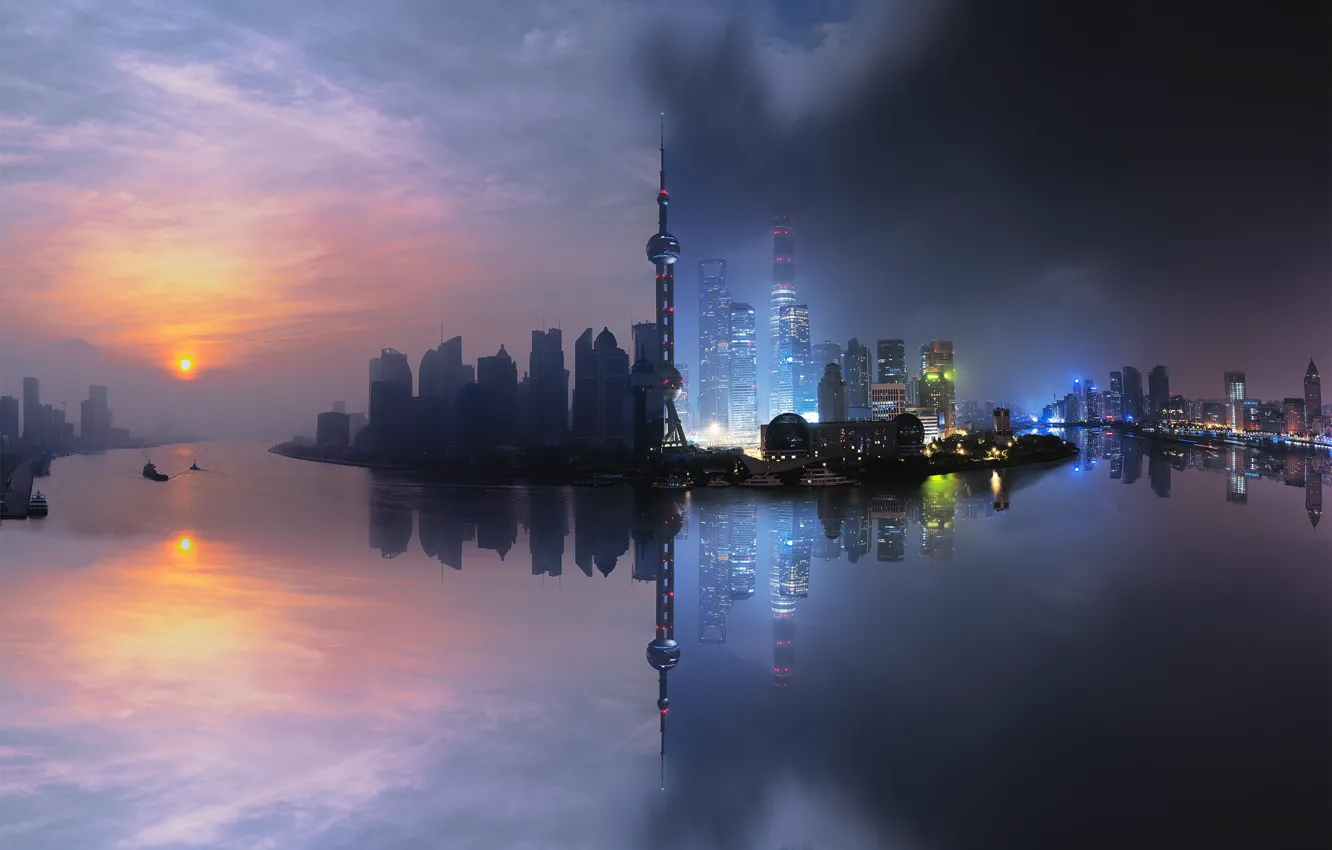 Photo wallpaper China, Shanghai, City, Light, Clouds, Sky, Sun, Water