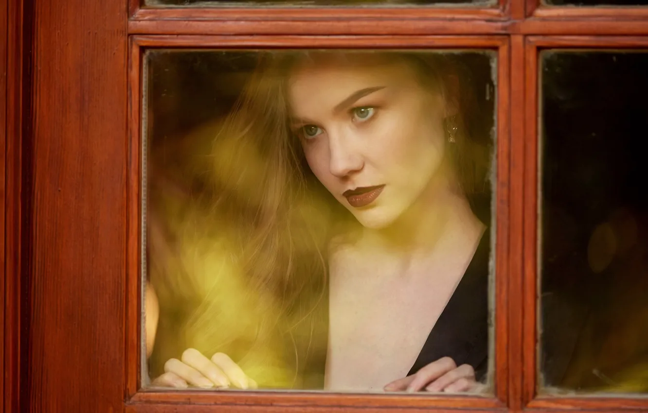 Photo wallpaper girl, photo, blue eyes, model, bokeh, window, lips, brunette