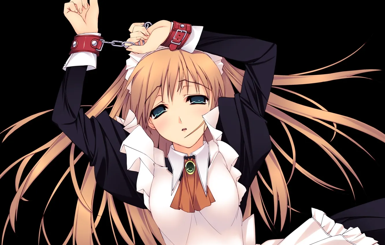 Photo wallpaper long hair, black background, uniform, handcuffs, the maid, apron, hands behind head, tears in the …