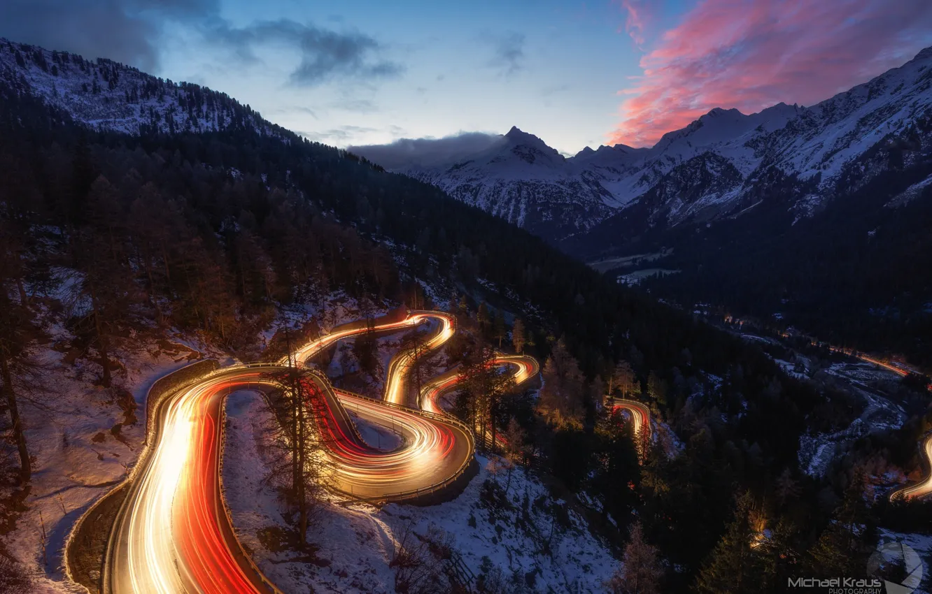 Photo wallpaper winter, road, the sky, snow, mountains, night, lights, the evening