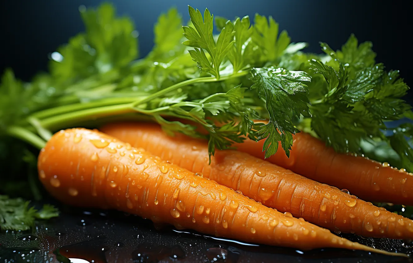 Photo wallpaper greens, drops, tops, carrots, AI art, neural network
