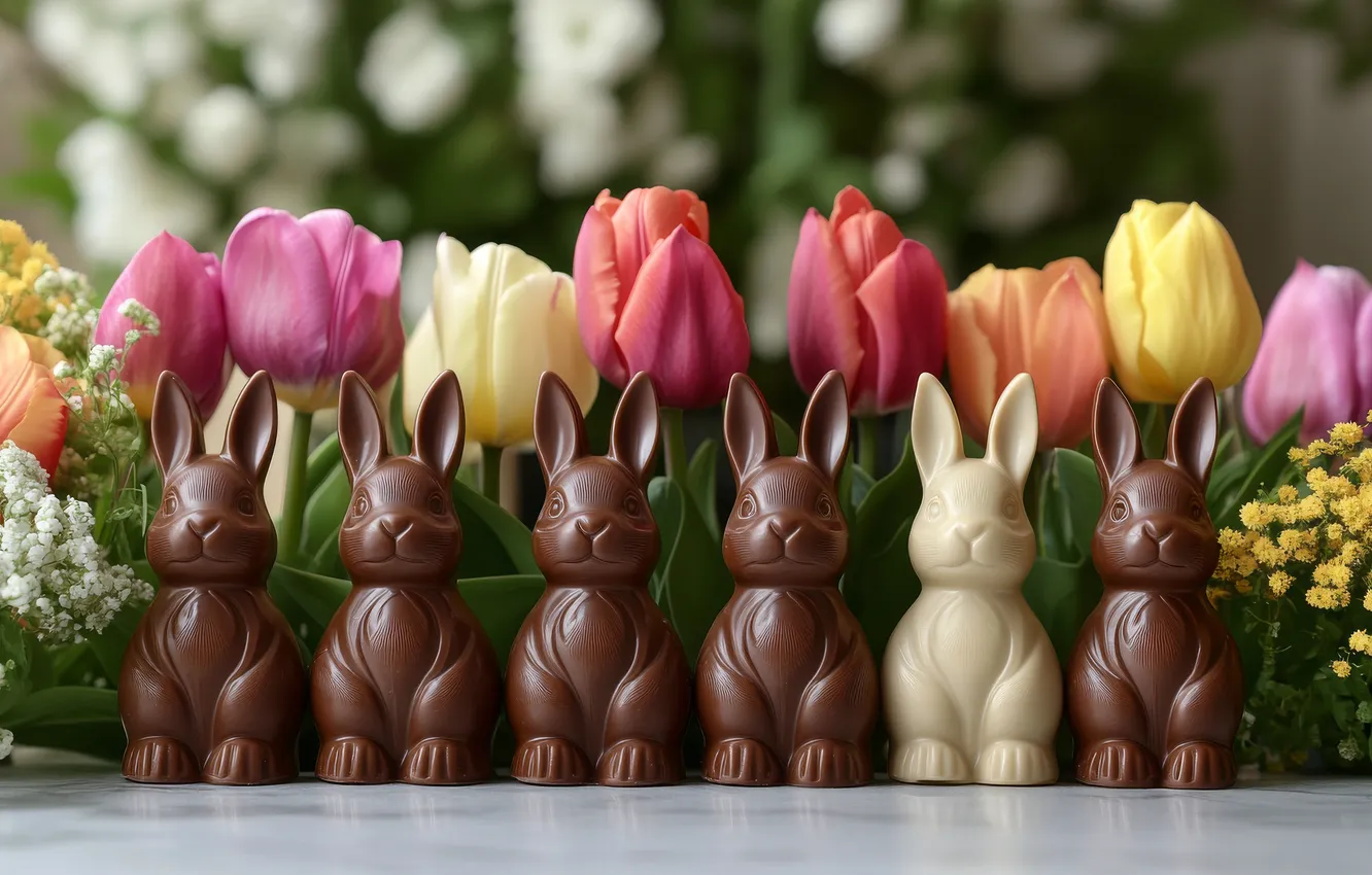 Photo wallpaper flowers, yellow, holiday, chocolate, spring, rabbit, candy, Easter