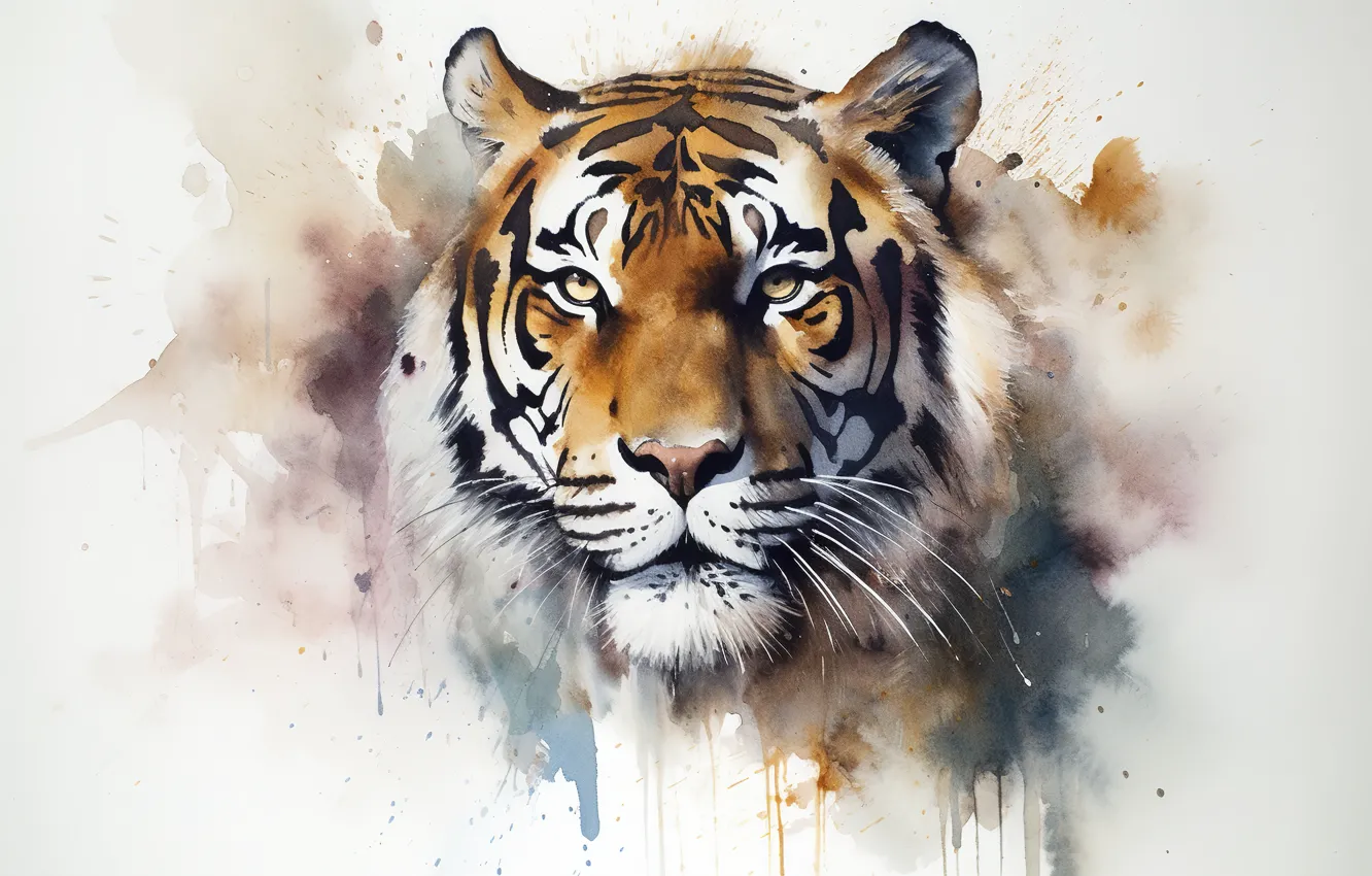 Photo wallpaper look, nature, tiger, picture, watercolor, painting, imitation of watercolor, imitation painting