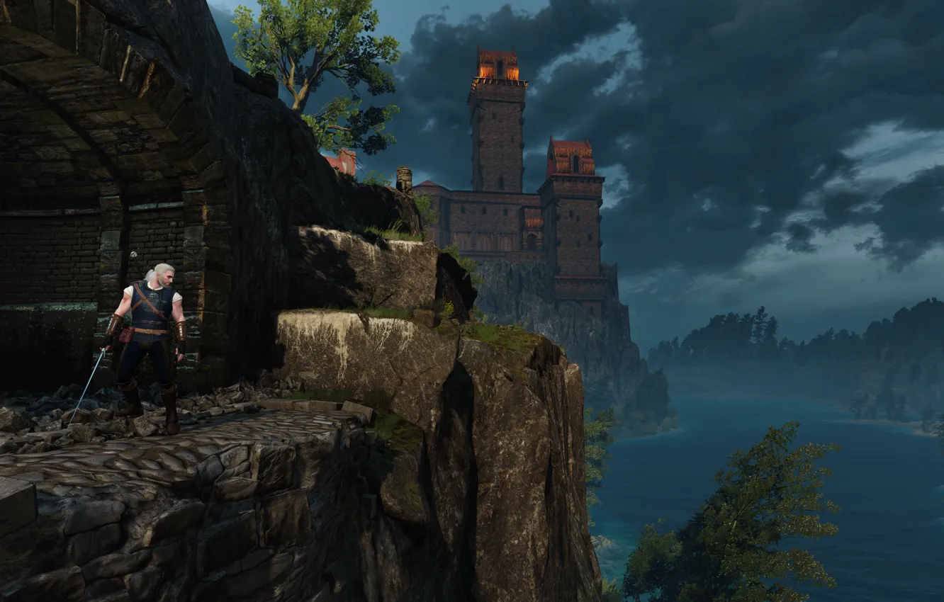 Photo wallpaper open, rocks, sword, warrior, armor, The Witcher, The Witcher, Geralt