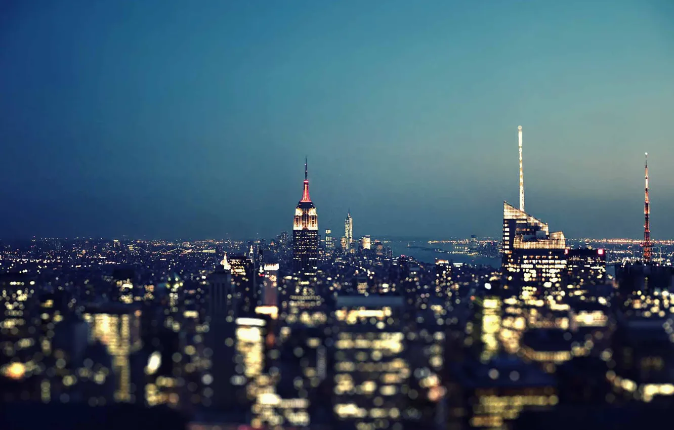 Photo wallpaper lights, United States, night, New York, Manhattan, skyscrapers, blue hour, cityscape