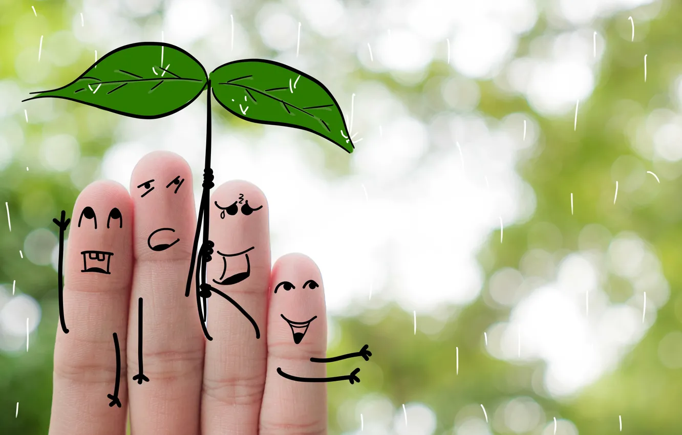 Photo wallpaper fingers, umbrella, shelter, rain, leaves, family, family, company