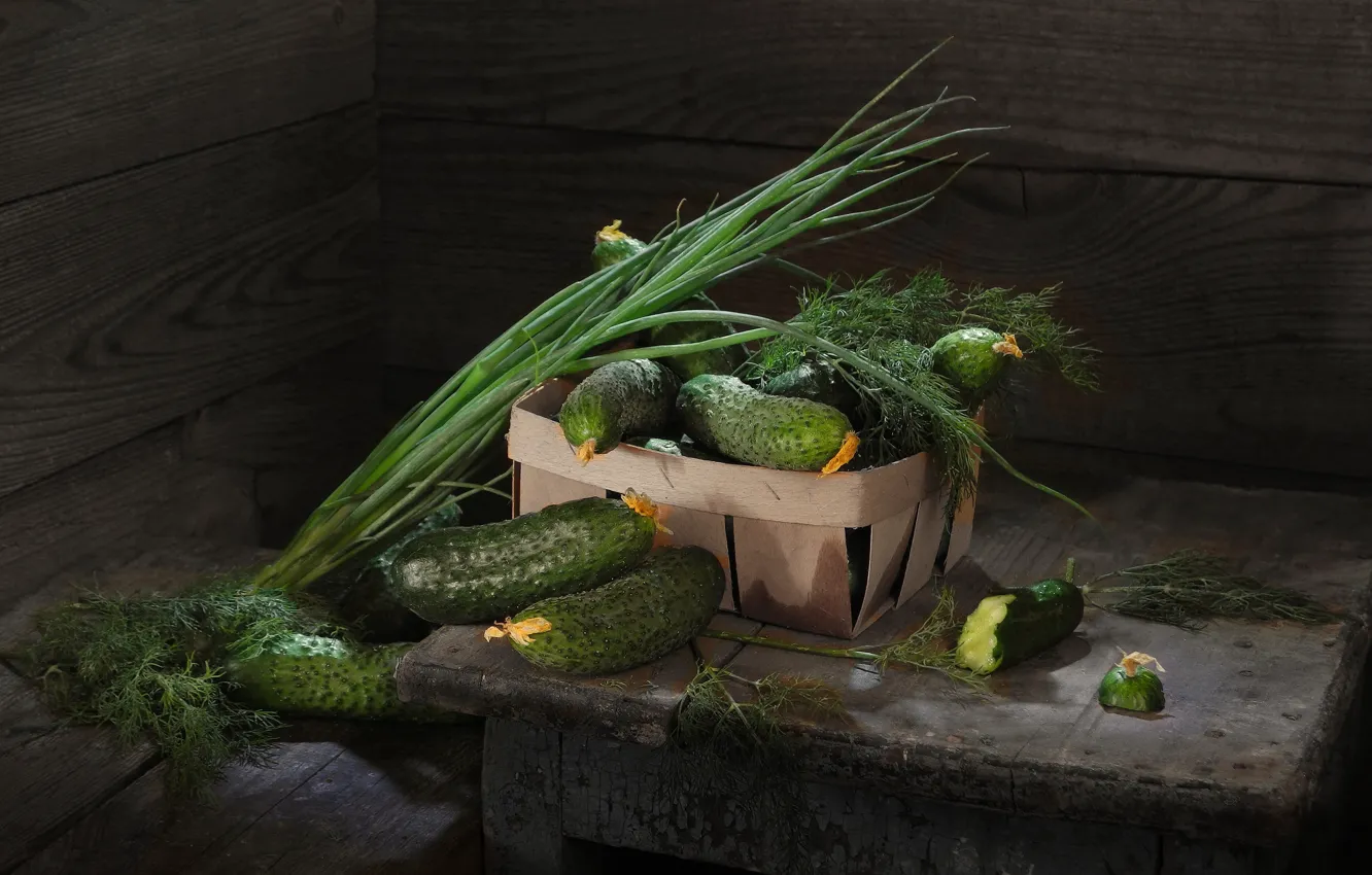 Photo wallpaper greens, Board, bow, dill, basket, vegetables, cucumbers, stool