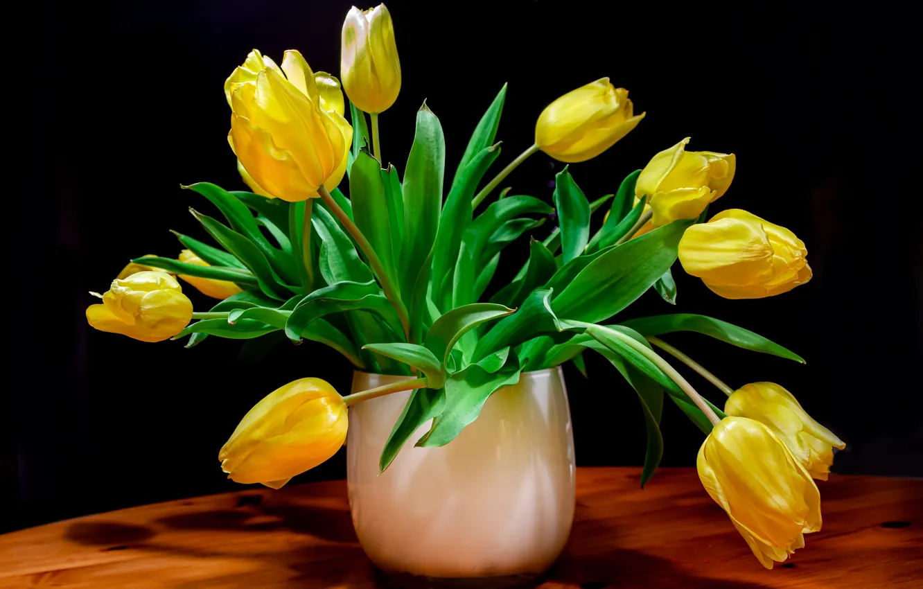 Photo wallpaper flowers, bouquet, yellow, tulips, vase, black background, composition