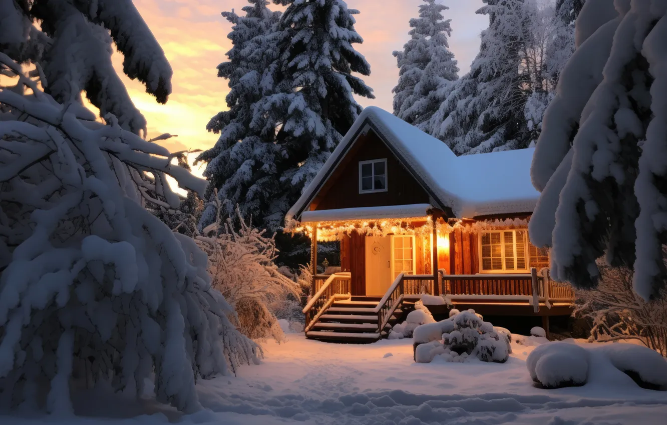 Photo wallpaper winter, forest, snow, house, house, hut, forest, winter