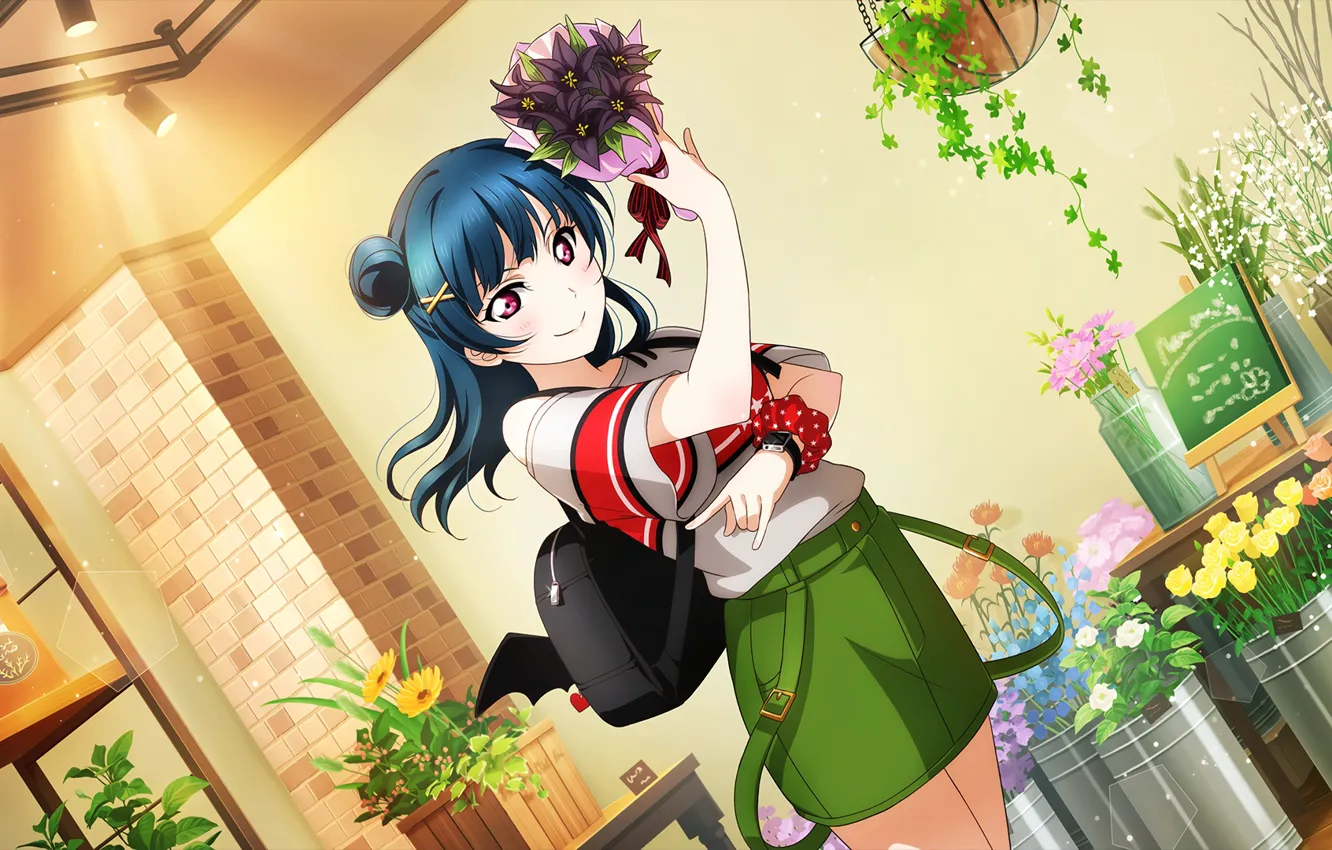 Photo wallpaper girl, flowers, bouquet, Love Live School Idol Project, Love Live! Sunshine!!, Tsushima Young