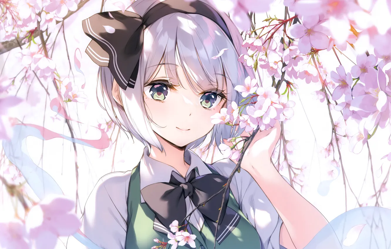 Photo wallpaper girl, Sakura, flowering, Touhou Project, Youmu Konpaku