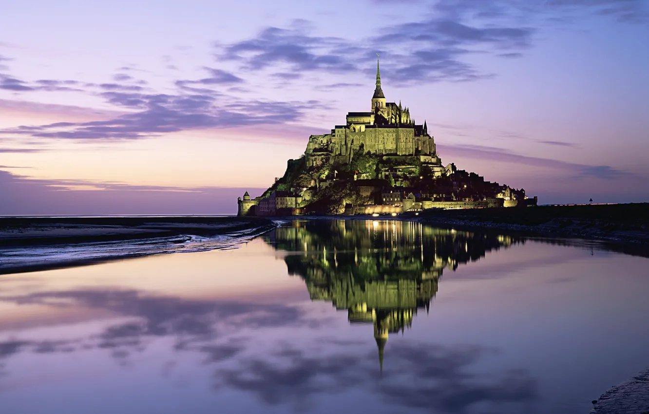 Photo wallpaper The sky, Clouds, Reflection, Lights, Mountain, Horizon, Castle