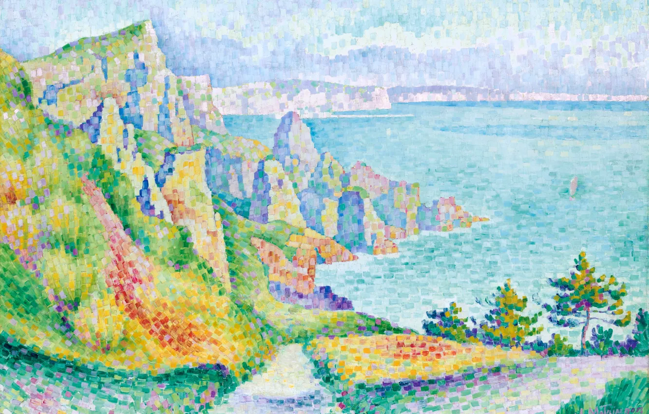 Photo wallpaper landscape, picture, 1906, pointillism, Fauvism, Rocks long-sur-Mer, Jean Metzinger, Jean Metzinger