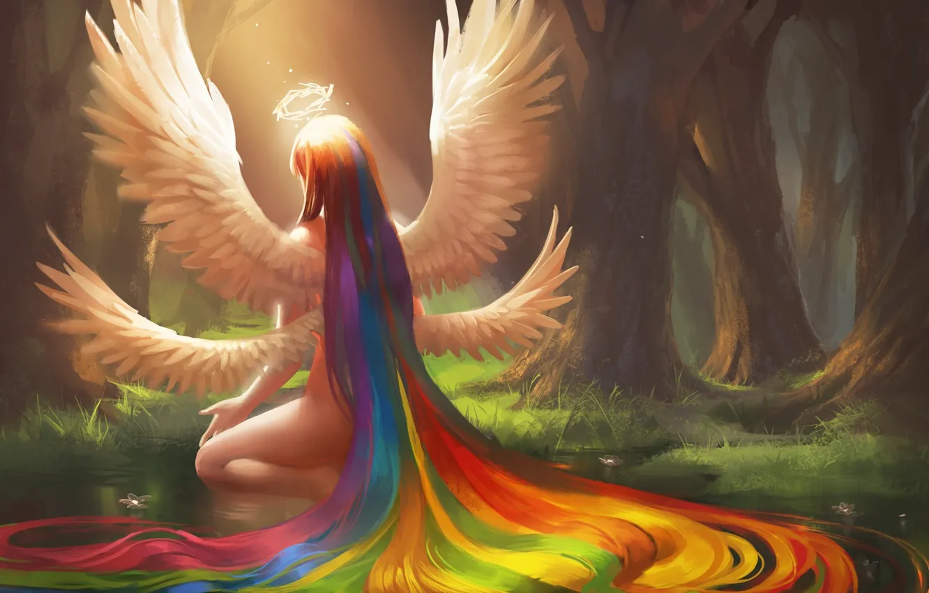 Photo wallpaper forest, water, girl, flowers, pond, hair, wings, rainbow