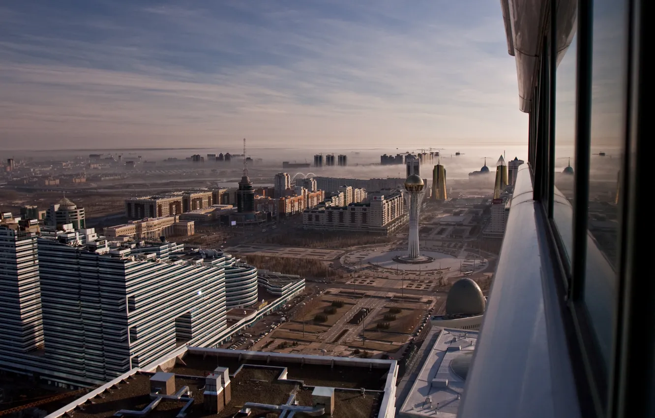 Photo wallpaper night, the city, fog, view, home, Astana, cornice