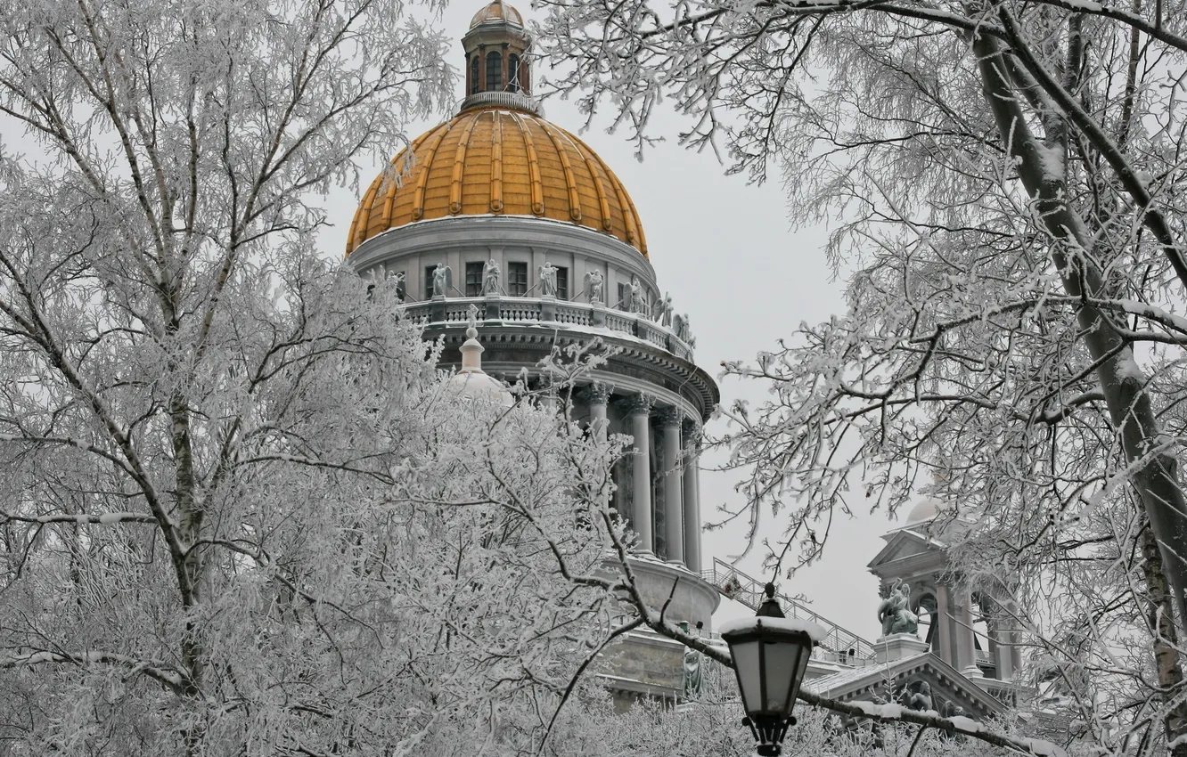Photo wallpaper winter, frost, trees, the city, St. Isaac's Cathedral, architecture
