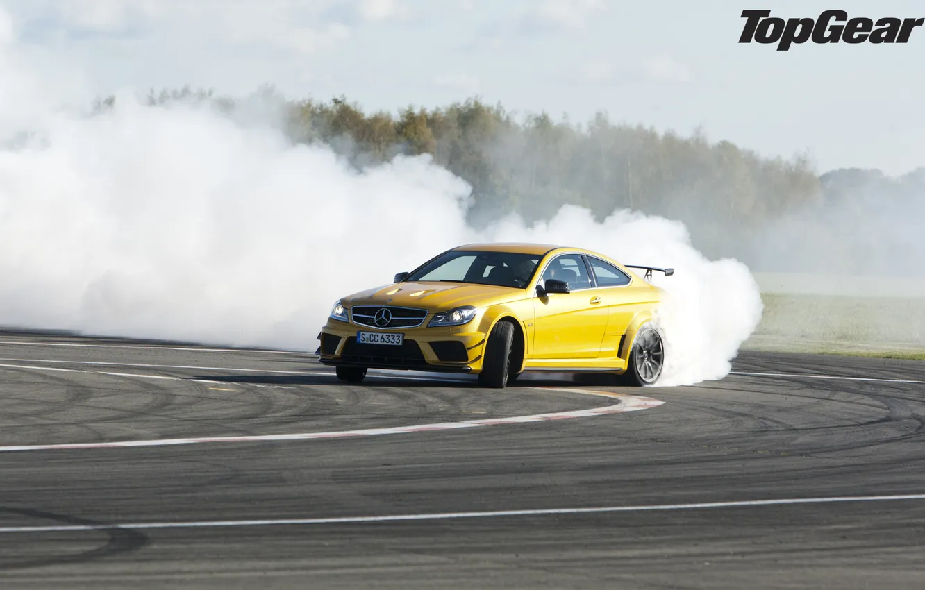 Photo wallpaper yellow, smoke, skid, supercar, drift, Mercedes, AMG, racing track
