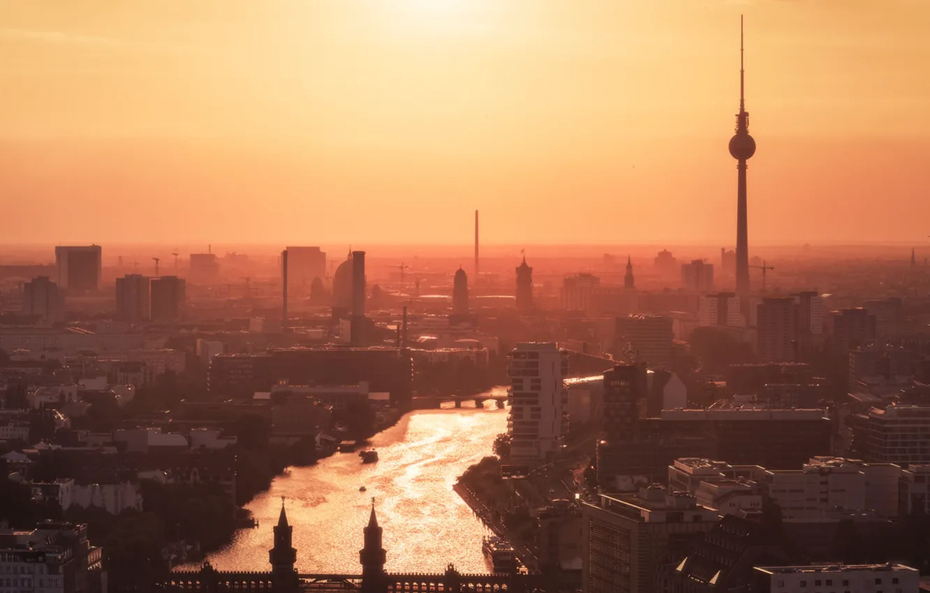 Photo wallpaper tower, river, Germany, sunset, Berlin, TV tower