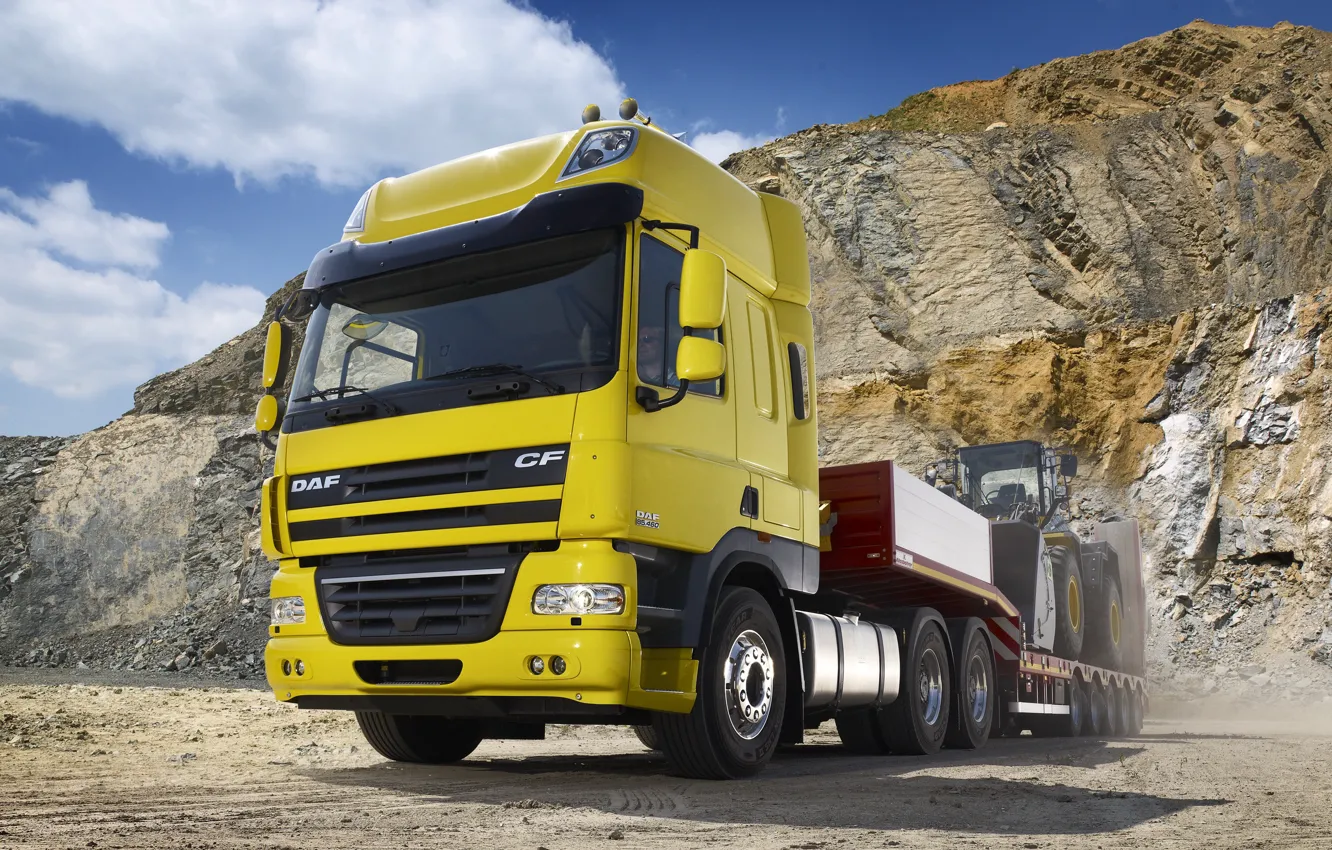 Photo wallpaper yellow, dust, tractor, breed, bucket, DAF, tractor, DAF, Space Cab, quarry, machinery, the trailer, Euro5, …
