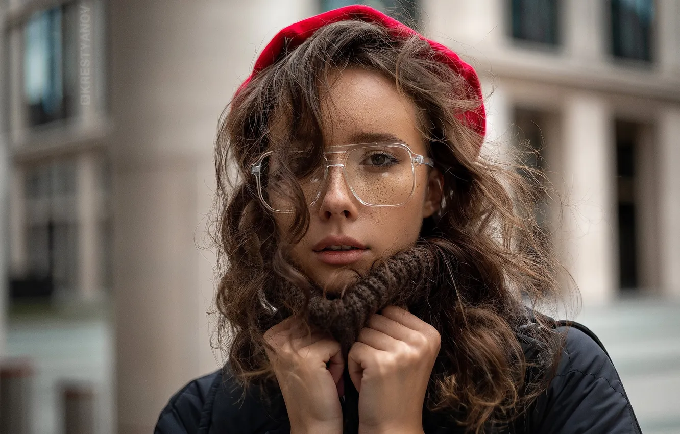 Photo wallpaper look, girl, face, pose, hair, portrait, hands, glasses