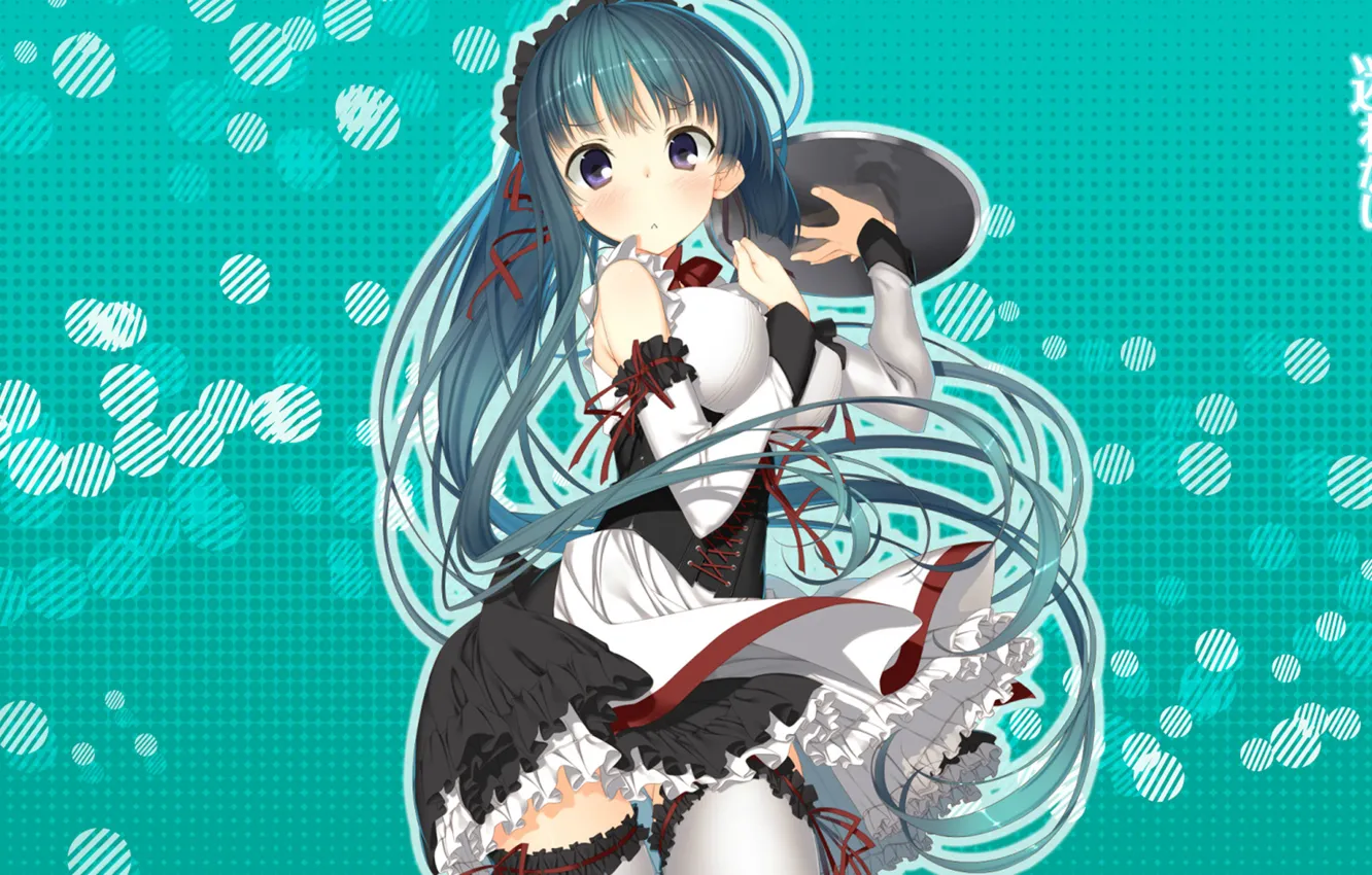 Photo wallpaper long hair, uniform, the maid, tray, ruffles, embarrassment