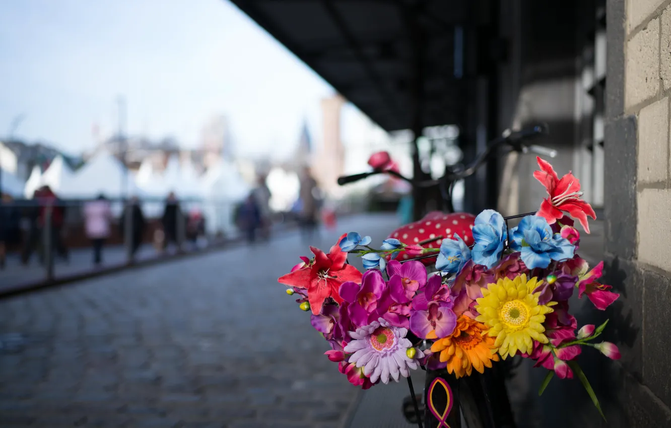 Photo wallpaper flowers, bike, the city, street