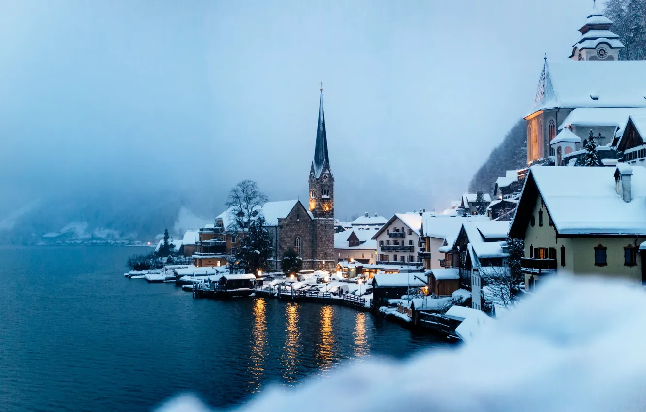 Photo wallpaper winter, water, fog, lake, home, Austria, Austria, Hallstatt