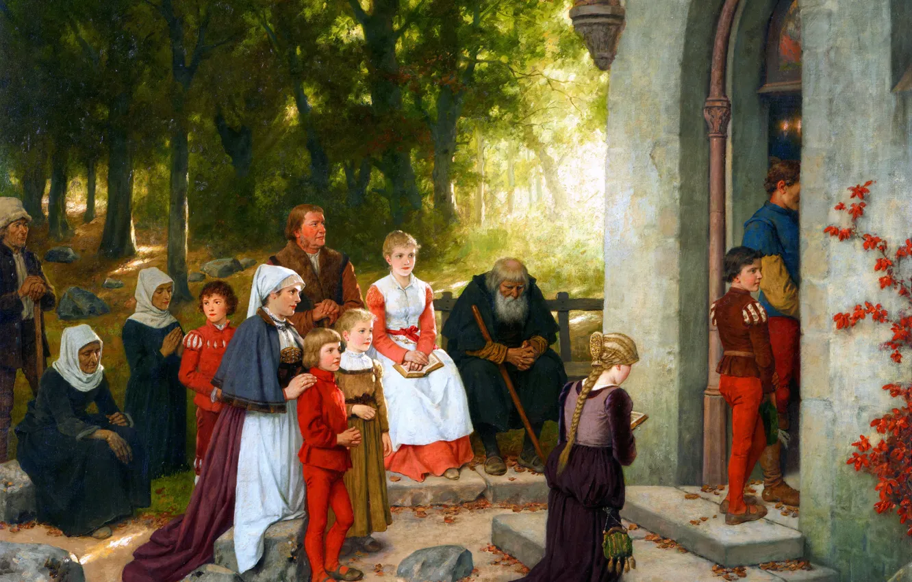 Photo wallpaper Forest, People, Picture, Chapel, German painter, Hubert Salentin, Hubert Zalentin, Chapel in the forest