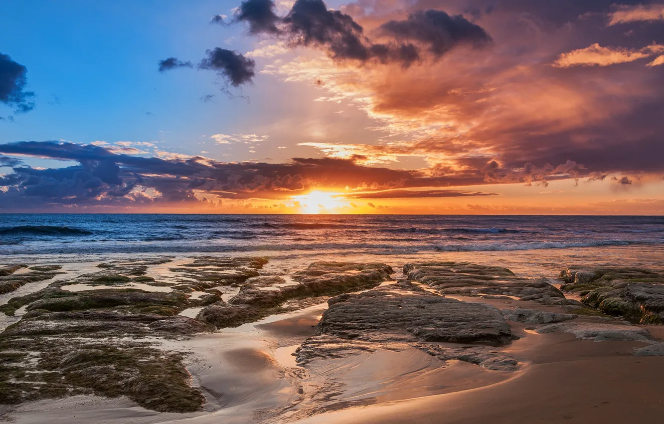 Photo wallpaper sand, sea, beach, the sky, the sun, clouds, stones, dawn