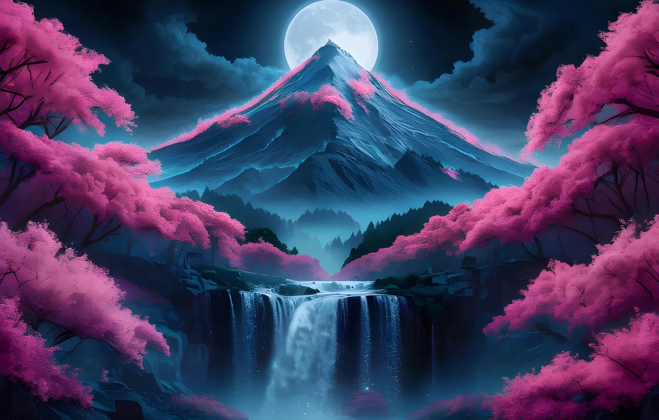 Photo wallpaper pink, mountain, Majestic, blooming, Surrounded