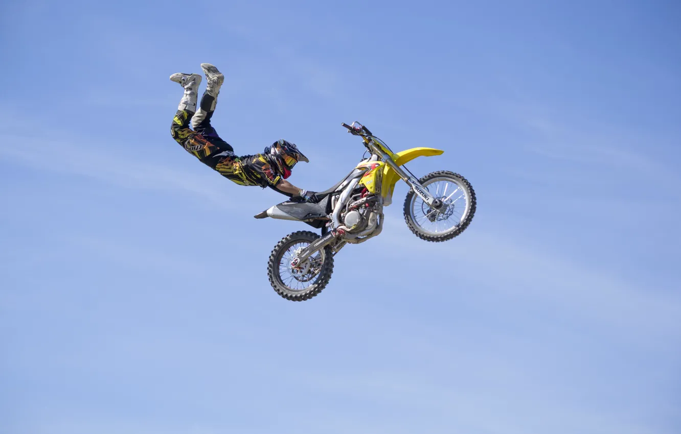 Photo wallpaper maneuver, rider, motocross, freestyle, sky, clouds, FMX, extreme sports