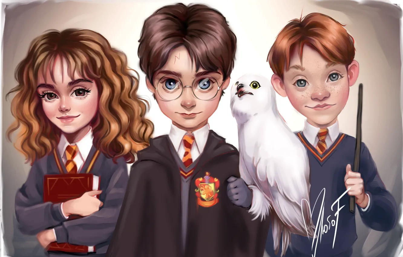 Photo wallpaper children, owl, boy, art, girl, Harry Potter, Emma Watson, Emma Watson
