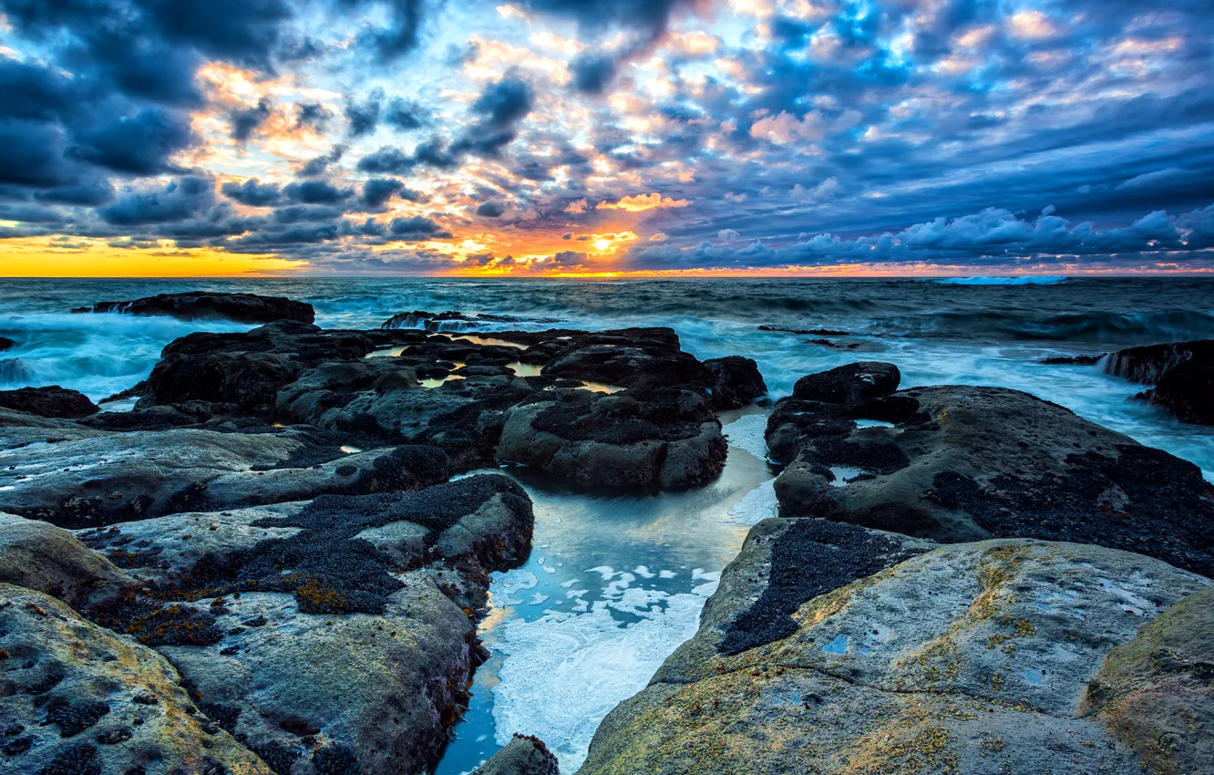 Photo wallpaper sea, the sky, clouds, sunset, stones, rocks