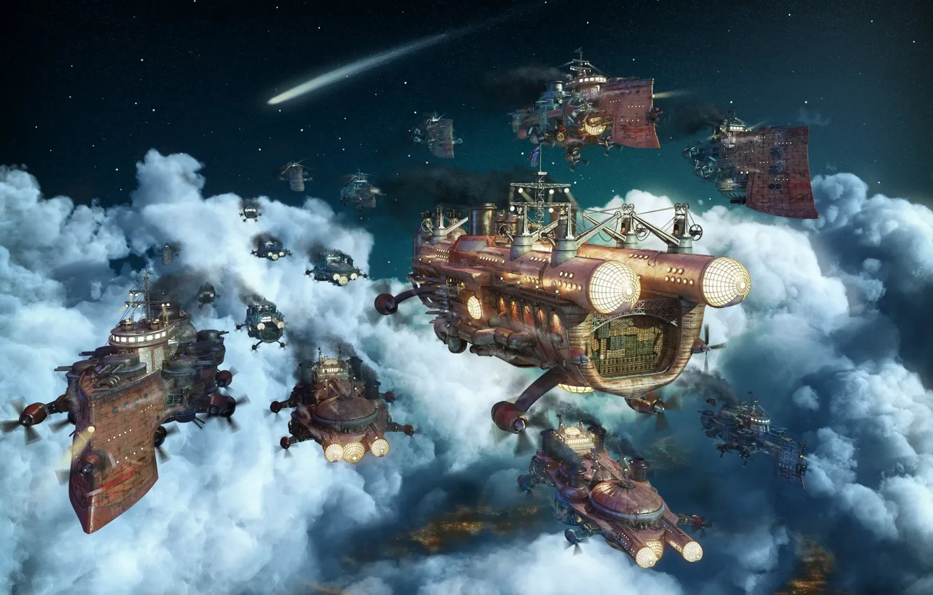 Photo wallpaper clouds, transport, stars, Armada, Night convoy