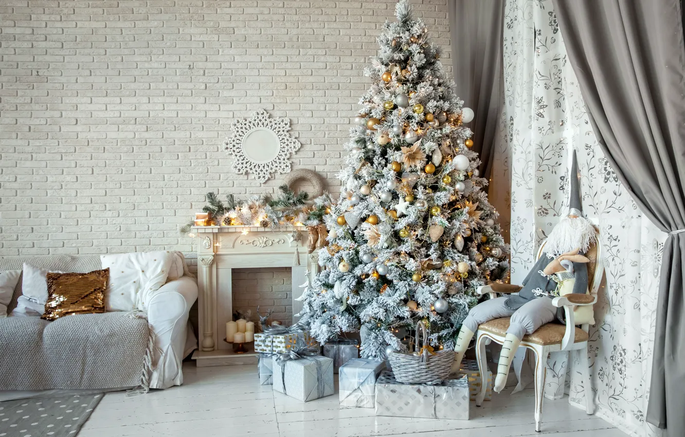 Photo wallpaper holiday, gift, tree, candle, candles, doll, New year, fireplace